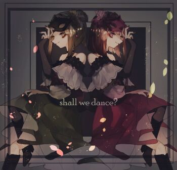 2girls black_boots boots brown_hair capelet closed_mouth commentary_request dress english_text feet_out_of_frame green_dress green_eyes green_hair grey_background looking_at_viewer mask mask_on_head masquerade_mask medium_hair multiple_girls nishida_satono one-hour_drawing_challenge pink_eyes purple_dress shinjitsu_no_kuchi smile teireida_mai touhou white_capelet