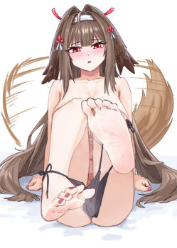 Rule 34 | 1girl, absurdres, animal ear fluff, animal ears, armband, blush, breasts, brown hair, brown tail, collar, collarbone, commentary, covering privates, cum, cum in footwear, droopy ears, feet, fingernails, foot focus, hairband, highres, hp1598, large breasts, looking at viewer, multicolored hairband, nail polish, no shoes, nude, red eyes, red hairband, red nails, red skirt, shirt, shoes, sitting, skirt, socks, tail, thighs, thong, toenail polish, toenails, unworn shoes, white armband, white hairband, white shirt, white socks, ye shunguang, zenless zone zero