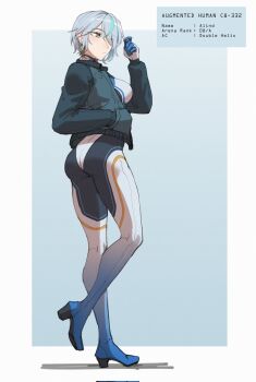 1girl ass blush bodysuit breasts character_name closed_mouth commentary dangodes earrings english_commentary english_text expressionless full_body gloves green_eyes grey_hair hair_over_one_eye high_heels highres jacket jewelry multicolored_bodysuit multicolored_eyes nose_blush one_eye_covered original short_hair solo standing standing_on_one_leg thighs