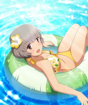 Rule 34 | 1girl, :d, bikini, blush, bob cut, breasts, brown eyes, cleavage, dot nose, floral print, floral print bikini, flower, game cg, grey hair, hair flower, hair ornament, halterneck, hibiscus, iwakura sanae, lens flare, looking at viewer, looking to the side, medium breasts, multicolored bikini, official art, on innertube, open mouth, print bikini, reclining, short hair, smile, soaking feet, solo, sparkle, striped innertube, swimsuit, third-party source, toji no miko, toji no miko: kizamishi issen no tomoshibi, two-tone bikini, water, white bikini, yellow bikini, yellow flower