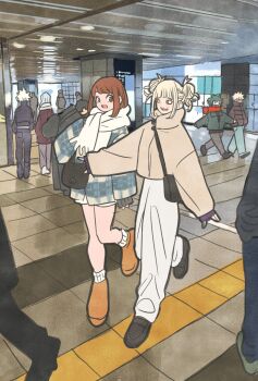 Rule 34 | 2girls, 4boys, bag, baggy pants, bakugou katsuki, black bag, black coat, black shoes, blonde hair, blue pants, blunt bangs, boku no hero academia, boots, brown coat, brown hair, coat, commentary request, dabi (boku no hero academia), double bun, full body, green hair, grey pants, hair bun, highres, loafers, medium hair, midoriya izuku, multiple boys, multiple girls, open mouth, orange boots, pants, plaid clothes, plaid coat, red scarf, scarf, shigaraki tomura, shoes, shoulder bag, sidelocks, smile, spiked hair, takeuchi ryousuke, tile floor, tiles, toga himiko, uraraka ochako, white pants, white scarf