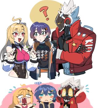 Rule 34 | ..., 1boy, 2girls, :<, ?, @ @, ahoge, bare shoulders, belle (zenless zone zero), billy kid, black shirt, blonde hair, blue hair, blush, breasts, chalky (zenless zone zero), cissia (zenless zone zero), closed mouth, clothed robot, collar, collarbone, commentary, crossed arms, crossed bangs, detached sleeves, earrings, fangs, fingernails, flying sweatdrops, green eyes, guidepost lubia, hair between eyes, hair ornament, hands on own head, hands up, humanoid robot, jacket, jewelry, letter hair ornament, long hair, looking at another, medium breasts, metal wrist cuffs, multiple girls, open mouth, pink nails, pom pom (clothes), pom pom hair ornament, red eyes, red jacket, robot, robot boy, sheriff badge, shirt, short hair, snake, spiked hair, spoken ellipsis, sweatdrop, white background, white hair, white snake, yellow eyes, zenless zone zero