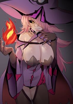1girl arc_system_works black_sclera blazblue breasts cleavage colored_sclera hair_over_one_eye hat konoe_a._mercury large_breasts long_hair pink_hair solo vialnite witch_hat