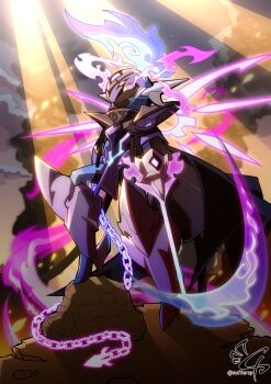 1other absurdres alternate_design arm_blade armor artist_name black_cloak breastplate ceruledge chain cloak colored_skin crack_of_light dappled_sunlight evening facing_to_the_side fire glowing glowing_eyes glowing_weapon grey_skin highres hitodama holding holding_chain holding_scythe leg_armor light_rays looking_to_the_side mountain nintendo outdoors overcast pokemon pokemon_(creature) pokemon_focus purple_armor purple_eyes purple_skin scythe signature sky smoke sufferay sunlight weapon