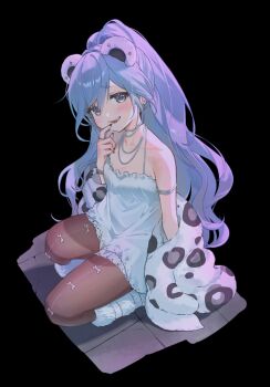 1girl animal_ears animal_print black_background blue_eyes blue_hair brown_pantyhose camisole commentary fake_animal_ears highres jacket jewelry long_hair looking_at_viewer mumu_123454321 nail_polish necklace official_alternate_costume pantyhose ponytail simple_background smug solo squatting tiger_ears tiger_print virtual_youtuber vspo! white_camisole white_jacket yano_kuromu yano_kuromu_(2nd_costume)