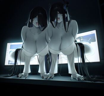 2girls arm_support bare_shoulders black_hair blue_eyes breasts cleavage commentary dress english_commentary ghost_costume hair_over_one_eye hanging_breasts highres hololive hololive_english huge_breasts indoors long_hair long_sleeves looking_at_viewer monitor multiple_girls nerissa_ravencroft open_mouth prab purple_eyes straight_hair through_medium through_screen very_long_hair virtual_youtuber white_dress