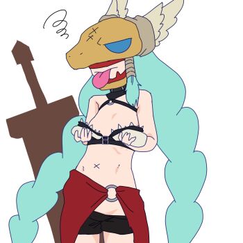 Rule 34 | 1girl, annoyed, blue eyes, breasts, digimon, digimon (creature), gerusyu, grey hair, highres, long hair, mask, mervamon, minervamon, navel, no pupils, sword, tongue, tongue out, weapon
