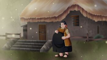 1girl anoartist1994 black_dress black_hair bun_cover commission commissioner_upload dark_cloud_(game) dress fat fat_woman fence fireflies grass hands_on_own_stomach highres house housewife level-5 mature_female nature outdoors pregnant rural sandals smile solo stairs tribal village