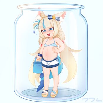 1girl ? animal_ears arm_at_side artist_logo belly bikini bikini_under_clothes blonde_hair blue_background blue_bikini blue_eyes blue_hair blue_nails blue_sandals blue_shorts bucket cat_ears cat_girl collarbone confused dot_nose fang female_focus fish_tail flat_chest full_body hand_on_own_hip holding holding_bucket indie_virtual_youtuber jar logo loli long_hair looking_afar low_twintails multicolored_hair multicolored_sandals nail_polish open_mouth oscarlllll plump sameko_saba sandals shark_girl shark_tail shorts simple_background skin_fang smile solo standing swimsuit tail toenail_polish toenails toes twintails two-tone_hair two-tone_shorts variant_set virtual_youtuber white_sandals white_shorts yellow_sandals