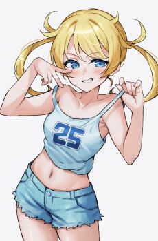 1girl absurdres blonde_hair blue_eyes blue_shorts breasts commentary_request cowboy_shot denim denim_shorts grin hands_up highres holding_strap jikai_ing kiratto_pri_chan long_hair looking_at_viewer moegi_emo navel pretty_series shirt shorts simple_background sleeveless sleeveless_shirt smile solo standing strap_lift tank_top twintails v white_background