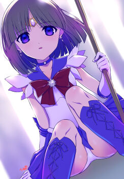 1girl ass bishoujo_senshi_sailor_moon black_hair blue_boots blue_eyes blue_skirt blunt_ends boots choker commentary_request elbow_gloves gloves highres himehachi_(hime8manga) knee_boots leotard leotard_peek magical_girl miniskirt pleated_skirt polearm sailor_saturn sailor_senshi_uniform short_hair silence_glaive sitting skirt solo star_(symbol) star_choker thighs tiara tomoe_hotaru upskirt weapon white_gloves white_leotard
