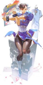 1girl bad_tag blue_dress boots bracelet breasts brown_eyes brown_hair brown_pantyhose bun_cover capcom china_dress chinese_clothes chun-li closed_mouth cross-laced_footwear double_bun dress earrings female full_body hair_bun jewelry knee_boots lace-up_boots lips looking_at_viewer medium_breasts muscular muscular_female nicholas_f pantyhose pelvic_curtain puffy_short_sleeves puffy_sleeves sash short_hair short_sleeves simple_background solo spiked_bracelet spikes street_fighter thick_thighs thighs white_background white_footwear white_sash