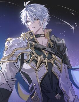 Rule 34 | 1boy, absurdres, antenna hair, armor, black choker, black shirt, blue cape, blue eyes, cape, chinese commentary, choker, coat, commentary request, dongfangyuechu701, highres, honkai: star rail, honkai (series), looking to the side, male focus, neck tattoo, night, parted bangs, parted lips, pauldrons, phainon (honkai: star rail), shirt, short hair, shoulder armor, single pauldron, sky, smile, solo, sun symbol, sun tattoo, tan, tattoo, white coat, white hair