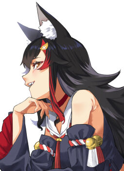 1girl animal_ear_fluff animal_ears black_hair choker detached_sleeves fang hand_on_own_chin hololive japanese_clothes karakr_shin looking_at_viewer multicolored_hair ookami_mio red_choker sailor_collar sharp_teeth solo spiked_hair streaked_hair teeth virtual_youtuber wolf_ears wolf_girl yellow_eyes
