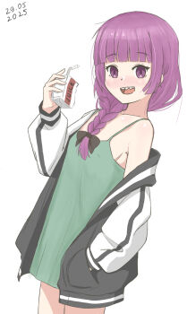 1girl :d andreypavlow black_jacket blunt_bangs blush bocchi_the_rock! braid breasts collarbone commentary cowboy_shot dated dress drink_carton from_side green_eyes hair_over_shoulder highres hiroi_kikuri holding holding_juice_box jacket juice_box long_hair looking_at_viewer open_clothes open_jacket open_mouth purple_eyes purple_hair sidelocks simple_background single_braid single_off_shoulder sleeveless sleeveless_dress small_breasts smile solo spaghetti_strap white_background