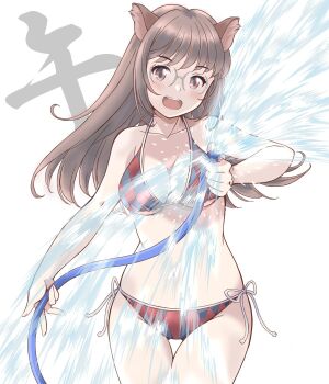 1girl :d animal_ears bikini breasts brown_eyes brown_hair chinese_zodiac cleavage commentary_request glasses highres holding holding_hose hose looking_at_viewer open_mouth red_bikini shigyomusume side-tie_bikini_bottom simple_background smile solo standing swimsuit white_background year_of_the_horse
