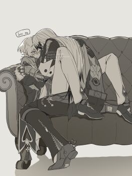 2boys aventurine_(honkai:_star_rail) belt blush boothill_(honkai:_star_rail) boots chain collared_shirt commentary_request couch crossed_bangs cyborg english_text fur-trimmed_jacket fur_trim gloves greyscale hair_between_eyes hand_on_another&#039;s_back hand_on_another&#039;s_cheek hand_on_another&#039;s_face hand_up highres honkai:_star_rail honkai_(series) jacket long_hair long_sleeves looking_at_another male_focus monochrome multicolored_hair multiple_boys obibi1105 off_shoulder on_couch open_clothes open_jacket pants parted_bangs parted_lips shirt shoes short_hair short_sleeves simple_background sitting smile speech_bubble spurs streaked_hair sweatdrop tassel very_long_hair white_background wing_collar yaoi zipper zipper_pull_tab