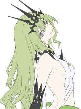 1girl black_gloves black_tiara breasts commentary elbow_gloves from_side gloves highres honkai_(series) honkai_impact_3rd kyoro_(kyoroillust) long_hair looking_at_viewer mobius_(honkai_impact) revealing_clothes simple_background slit_pupils small_breasts smile solo tiara very_long_hair white_background