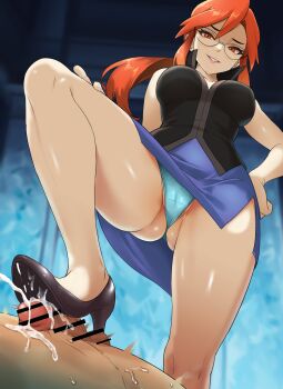 1boy 1girl absurdres aqua_panties ball_busting bar_censor bdsm black_shoes black_vest blue_skirt blurry blurry_background breasts cameltoe cbt censored clothed_female_nude_male crotch_stomping cum cum_on_self ejaculation femdom from_below glasses gluteal_fold grin hand_on_own_hip hetero high_heels highres i_b_(yaun2242) indoors large_breasts long_hair looking_at_viewer looking_down lorelei_(pokemon) matching_hair/eyes nintendo nude orange_eyes orange_hair panties penis pokemon pokemon_frlg sadism shiny_skin shoejob shoes sidelocks skirt smile solo_focus stepped_on stomping testicles torture underwear upskirt vest