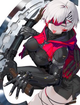 1girl absurdres breasts commentary_request cyborg eyepatch grey_eyes highres holding holding_weapon knife looking_at_viewer medium_breasts multicolored_hair original prosthesis prosthetic_arm red_hair red_shrug short_hair shrug_(clothing) skindentation solo squatting tongue tongue_out two-tone_hair weapon white_hair yunimaru zipper zipper_pull_tab