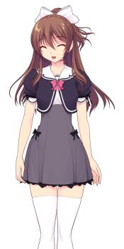1girl :d ^_^ arms_at_sides black_bow bow bowtie brown_hair closed_eyes cropped_jacket facing_viewer feet_out_of_frame game_cg grey_skirt hair_between_eyes hair_bow half_updo high-waist_skirt high_ponytail jacket kourin_tenshi_en_ciel_rena large_variant_set long_hair miniskirt non-web_source official_art open_mouth pink_bow pink_bowtie pleated_skirt ponytail puffy_short_sleeves puffy_sleeves ribbon sailor_collar saitou_natsuki school_uniform shirt short_sleeves skirt smile solo standing straight-on suhamaya thighhighs tomoe_rena transparent_background variant_set white_bow white_ribbon white_sailor_collar white_thighhighs zettai_ryouiki