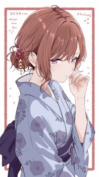 1girl 2026 absurdres alternate_costume brown_hair commentary_request fingernails floral_print grey_kimono hair_bun happy_new_year heart highres higuchi_madoka idolmaster idolmaster_shiny_colors japanese_clothes kimono koukashita looking_at_viewer mole mole_under_eye new_year obi pink_eyes sash short_hair single_hair_bun solo twitter_username