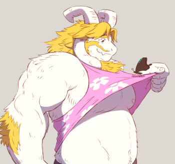 1boy arm_hair asgore_dreemurr bara beard belly biceps blonde_hair bug butterfly chest_hair closed_mouth clothes_lift commentary_request deltarune facial_hair fang fat fat_man floppy_ears furry furry_male gadoran2000cc grey_background horns insect looking_at_another looking_to_the_side male_focus muscular muscular_male navel nipples pectorals pink_tank_top shirt_lift skin_fang smile strongman_waist tank_top undertale utdr_(toby_fox) white_fur