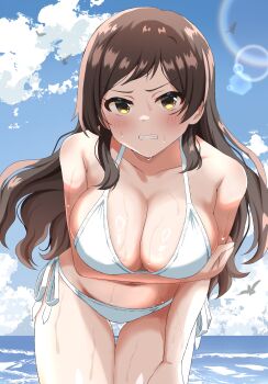 1girl absurdres annoyed arm_under_breasts bare_arms bikini blue_sky blush breasts brown_hair cleavage clenched_teeth cloud collarbone commentary_request day hand_on_lap hand_on_own_leg hand_on_own_thigh haruki_(haruki678) highres horizon idolmaster idolmaster_million_live! kitazawa_shiho large_breasts leaning_forward long_hair looking_at_viewer ocean outdoors sidelocks sky solo standing swimsuit teeth wet white_bikini yellow_eyes