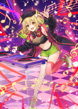 1girl armpits asymmetrical_legwear beamed_eighth_notes beamed_sixteenth_notes belt black_belt black_hat black_jacket blonde_hair breasts brown_eyes cana_(z/x) copyright_notice dj eighth_note feathered_wings fishnet_thighhighs fishnets green_shorts green_wings hair_ornament hat headphones headphones_around_neck heart horned_hat jacket karokuchitose large_breasts long_hair mini_wings mismatched_legwear musical_note musical_staff navel official_art open_clothes open_jacket open_mouth phonograph pink_nails pom_pom_(clothes) pom_pom_hair_ornament quarter_note red_thighhighs see-through_cleavage see-through_clothes shoes shorts solo sparkle standing standing_on_one_leg teeth thighhighs turntable two_side_up upper_teeth_only v whole_note wings z/x