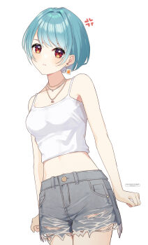 1girl absurdres anger_vein arata_ryou arms_at_sides artist_name blue_hair breasts camisole chain chain_necklace closed_mouth collarbone commentary cowboy_shot denim denim_shorts earrings grey_shorts hair_intakes highres jewelry looking_at_viewer medium_breasts midriff multiple_necklaces necklace orange_eyes shiranami_ramune shiranami_ramune_(4th_costume) short_hair shorts simple_background solo standing swept_bangs virtual_youtuber vspo! white_background white_camisole