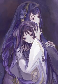 Rule 34 | 1boy, 1girl, alternate hair length, alternate hairstyle, black hair, blunt bangs, braid, bright pupils, closed mouth, eyelashes, eyeliner, eyeshadow, flower, genshin impact, gold trim, hair flower, hair intakes, hair ornament, hair tie, hand on another's back, hand on another's head, hashtag-only commentary, head on another's shoulder, highres, hug, layered sleeves, long hair, long sleeves, looking at another, looking down, low-braided long hair, low-tied long hair, makeup, mitsudomoe (shape), mother and son, open hands, parted lips, purple eyes, purple flower, purple hair, purple sleeves, purple veil, raiden shogun, red eyeliner, red eyeshadow, renyupa, scaramouche (genshin impact), scaramouche (kabukimono) (genshin impact), see-through clothes, see-through veil, tassel, tassel hair ornament, tomoe (symbol), twitter username, veil, white mouth, white pupils, white sleeves, wide sleeves, wispy bangs