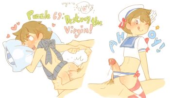 2boys age_difference ahegao anal ass blush costume cum cum_in_ass erection happy_sex hat highres luke_triton male_focus male_penetrated multiple_boys nude panties penis pillow professor_layton sailor_collar sailor_hat sailor_shirt sex shirt shota size_difference smile sweat tagme text_focus thighhighs tnso underwear wince yaoi
