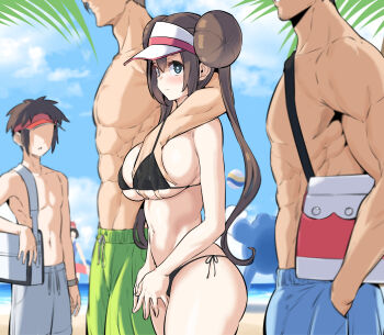 1girl 3boys abs absurdres beach beach_nanpa bikini black_bikini blue_eyes blue_male_swimwear blue_swim_trunks blush breasts brown_hair cowboy_shot double_bun drawstring gen_1_pokemon grabbing_another's_breast green_male_swimwear green_swim_trunks groping hair_bun hand_under_clothes hetero highres kook large_breasts long_hair male_swimwear multiple_boys multiple_girls nanpa nate_(pokemon) navel nintendo outdoors pokemon pokemon_bw2 pokemon_sm poliwrath rosa_(pokemon) selene_(pokemon) side-tie_bikini_bottom string_bikini swim_trunks swimsuit twintails very_long_hair visor_cap walking white_male_swimwear white_swim_trunks