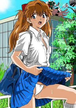 2girls bag blue_eyes blush bra bra_peek breast_pocket clothes_lift embarrassed hair_ornament hairclip highres leliel_(evangelion) lifting_own_clothes long_hair looking_at_viewer miniskirt multiple_girls neon_genesis_evangelion nono_(top_wo_nerae_2!) open_mouth orange_hair panties pleated_skirt pocket sachiel_(evangelion) school_uniform shirt short_sleeves shoulder_bag skirt skirt_lift socks souryuu_asuka_langley unbuttoned unbuttoned_shirt underwear upskirt white_bra white_panties white_shirt white_socks yuutaku zeruel_(evangelion)