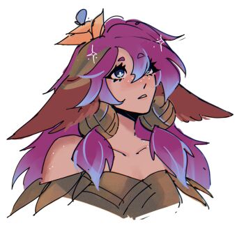 Rule 34 | 1girl, animal ears, bare shoulders, blue eyes, blue streaks, bright pupils, collarbone, commentary, cropped shoulders, english commentary, flower, freckles, hair flower, hair ornament, highres, horse ears, horse girl, leaf clothing, league of legends, lillia (league of legends), looking up, multicolored hair, parted lips, purple hair, rhaastyogurt, sketch, solo, sparkle, streaked hair, white pupils