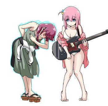 Rule 34 | bare shoulders, bikini, blue dress, blue eyes, bocchi the rock!, bowing, braid, breasts, clothes around waist, coat, darkstalkers, demitri maximoff, dress, full body, geta, gotoh hitori, guitar, hiroi kikuri, holding, holding guitar, holding instrument, instrument, jacket, jacket around waist, large breasts, long hair, midnight bliss, pink coat, pink hair, purple hair, simple background, swimsuit, tied jacket, torako (toramaru), white background, white bikini
