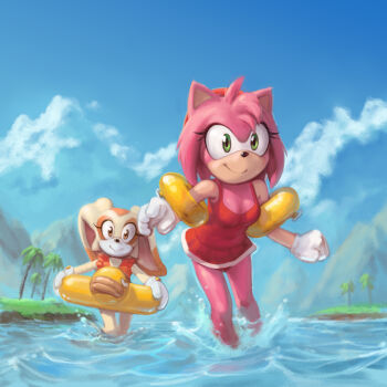age_difference amy_rose animal bad_tag bare_legs bird bracelet brown_eyes brown_fur bunn child cloud cream_the_rabbit day duck gloves green_eyes hedgehog inflatable inflatable_armbands innertube jewelry kujalla lake legs long_ears mountain one-piece_swimsuit orange_fur orange_hair palm_tree pink_fur pink_hair plant ring sega size_difference solo sonic_(series) swim_ring swimming swimsuit tree walking water wet
