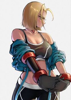 1girl antenna_hair black_choker black_pants black_sports_bra blue_jacket blush bob_cut breasts cammy_white choker cleavage cropped_jacket gem highres interlocked_fingers jacket large_breasts midriff off_shoulder open_clothes open_jacket pants ponii red_gem short_hair single_vambrace solo sports_bra street_fighter street_fighter_6 stretching vambraces yoga_pants