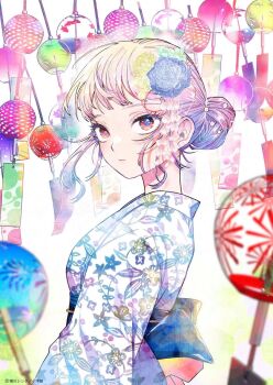 1girl blunt_bangs breasts flower from_side hair_bun hair_flower hair_ornament harekawa_shinta highres japanese_clothes kimono looking_at_viewer looking_back medium_breasts momose_akira_(hatsukoi) momose_akira_no_hatsukoi_hatan_chuu. nape non-web_source red_eyes sideburns single_hair_bun skinny wind wind_chime yukata