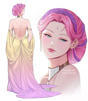 1girl alternate_costume alternate_hairstyle armlet artist_name back backless_dress backless_outfit chromatic_aberration closed_mouth commentary cosplay cropped_arms detached_sleeves dress earrings english_commentary facial_mark forehead_mark full_body glitter gold_armlet gold_choker gradient_clothes gradient_dress green_eyes hairband half-closed_eyes halter_dress halterneck haruno_sakura head_tilt highres jewelry long_dress looking_down multiple_views naruto_(series) padme_amidala padme_amidala_(cosplay) pink_hair pink_lips purple_dress purple_hairband simple_background standing star_wars tenartistt two-tone_dress watermark white_background yellow_dress