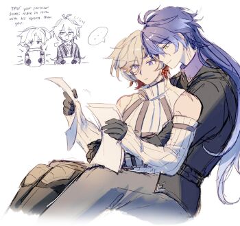 ... 2boys bare_shoulders belt black_coat black_gloves black_pants blue_eyes blue_hair chest_harness chibi coat collared_shirt commentary couple cuddling detached_sleeves earrings expressionless flins_(genshin_impact) genshin_impact gloves gradient_hair grey_hair grey_pants hair_between_eyes hand_on_another's_stomach harness highres holding holding_paper hug illuga_(genshin_impact) jewelry kyryllchudflins long_hair long_sleeves male_focus mole mole_under_eye monochrome_background multicolored_hair multiple_boys pants paper purple_shirt red_hair scar scar_on_shoulder shirt sigh single_earring sitting sitting_on_person smile speech_bubble streaked_hair sweater turtleneck turtleneck_sweater two-tone_hair untranslatable_commentary white_background yaoi yellow_eyes