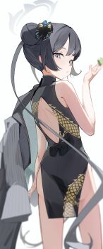 1girl absurdres ass back_cutout black_dress black_hair blue_archive butterfly_hair_ornament china_dress chinese_clothes clothing_cutout coat double_bun dragon_print dress from_behind grey_eyes grey_halo hair_bun hair_ornament halo highres kisaki_(blue_archive) loli long_hair looking_at_viewer looking_back mi_kan_(1101515378) pelvic_curtain print_dress simple_background sleeveless sleeveless_dress solo striped_coat twintails vertical-striped_coat very_long_hair white_background