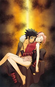 1boy 1girl black_hair blouse blue_eyes closed_eyes facial_mark haruno_sakura miniskirt nanji3 naruto:_road_to_ninja naruto_(series) naruto_shippuuden no_panties pink_hair red_shirt shirt short_hair skirt sleeveless sleeveless_shirt spiked_hair uzumaki_menma uzumaki_naruto whisker_markings