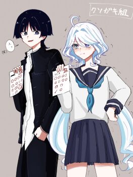 1boy 1girl :t alternate_costume aqua_eyes aqua_pupils arm_at_side black_hair black_jacket black_pants black_sailor_collar black_skirt black_sleeves blue_eyes blue_neckerchief blue_pupils blunt_ends blush breast_pocket bright_pupils brown_background collarbone collared_shirt contemporary curly_ends eyelash_ornament furina_(genshin_impact) gakuran genshin_impact hair_between_eyes hair_intakes hand_in_pocket hand_on_own_hip hand_up height_difference heterochromia highres holding holding_paper jacket long_sleeves looking_at_another low_twintails mismatched_pupils neckerchief open_clothes open_jacket open_mouth pants paper parted_bangs pleated_skirt pocket pon_oi4 purple_eyes sailor_collar scaramouche_(genshin_impact) school_uniform serafuku shirt skirt smug swept_bangs tearing_up tears test_score translation_request trembling twintails undershirt white_pupils white_serafuku white_shirt white_trim wispy_bangs
