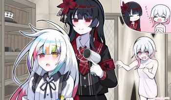 3girls after_bathing armband drying drying_another&#039;s_hair drying_hair flower gloves gradient_hair hair_dryer hair_flower hair_ornament hat highres holding holding_hair_dryer jogasaki_noah long_hair magical_girl mahou_shoujo_no_majo_saiban mini_hat mini_top_hat mononobe_nekuro multicolored_hair multiple_girls naked_towel necktie nikaido_hiro open_mouth pink_eyes red_armband red_eyes red_flower red_necktie sakuraba_ema smile tearing_up top_hat towel very_long_hair white_gloves white_hair yellow_eyes