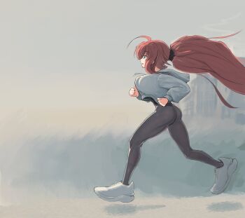 1girl absurdres ahoge blue_eyes bouncing_breasts breasts exercising high_school_dxd highres hood hoodie jogging leggings outdoors pants ponytail red_hair rias_gremory running shoes sneakers solo veeveer_art yoga_pants