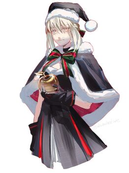 1girl apple artoria_pendragon_(fate) black_gloves black_santa_costume blonde_hair commentary dress fate/grand_order fate_(series) food fruit fur-trimmed_headwear fur_trim gloves golden_apple hat headpiece highres looking_at_viewer ribbon saber_alter santa_alter santa_costume santa_hat short_hair solo symbol-only_commentary ubwmitekure yellow_eyes