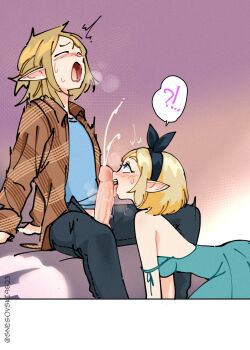 1boy 1girl :o absurdres bare_shoulders black_hairband black_pants blush brown_jacket cum dress ejaculation fellatio gradient_background green_dress hairband hetero highres jacket large_penis licking licking_penis link looking_at_another medium_hair moaning nintendo open_clothes open_jacket open_mouth open_pants oral pants penis pointy_ears premature_ejaculation princess_zelda snegovski teeth the_legend_of_zelda the_legend_of_zelda:_breath_of_the_wild tongue tongue_out uncensored upper_teeth_only