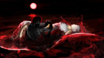 Rule 34 | 1boy, 1girl, absurdres, black hair, black tunic, blood, commentary, dress, english commentary, full body, highres, kyn qu, long hair, looking at another, lying, mad prince, nephis (shadow slave), on back, on ground, pool of blood, red sun, shadow slave, short hair, shoulder pads, sitting, sunny (shadow slave), tunic, white dress, white hair