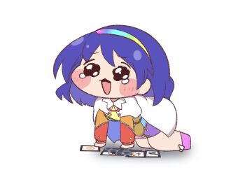 Rule 34 | 1girl, ability card (touhou), all fours, bag, blue hair, blush, cape, chibi, commentary request, full body, hairband, highres, meme, multicolored hairband, open mouth, pleading eyes, purabird0370, short hair, simple background, solo, speakiposting (meme), tenkyuu chimata, touhou, variant set, white background, white cape, zipper